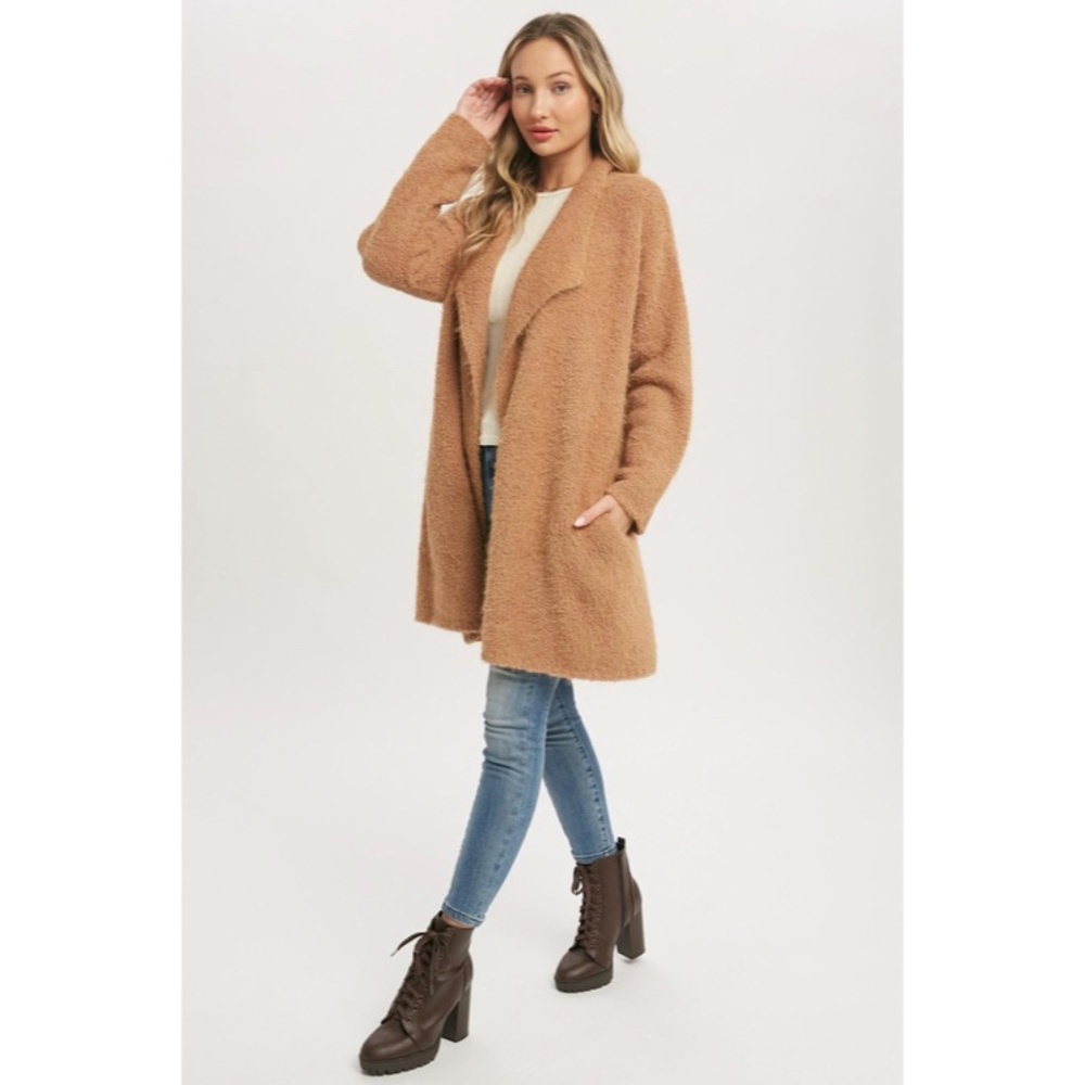 SOLD OUT Camel Soft Fuzzy Drape Front Dolman Oversized Knit Cardigan Sweater - Picture 6 of 8